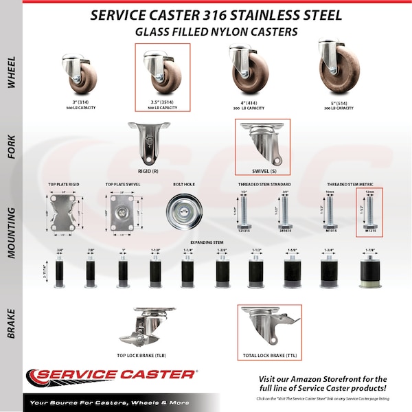 Service Caster 3.5 Inch 316SS High Temp Glass Filled Nylon 12mm Stem Caster Lock Brake SCC SCC-SS316TSTTL20S3514-GFNSHT-M1215 - main